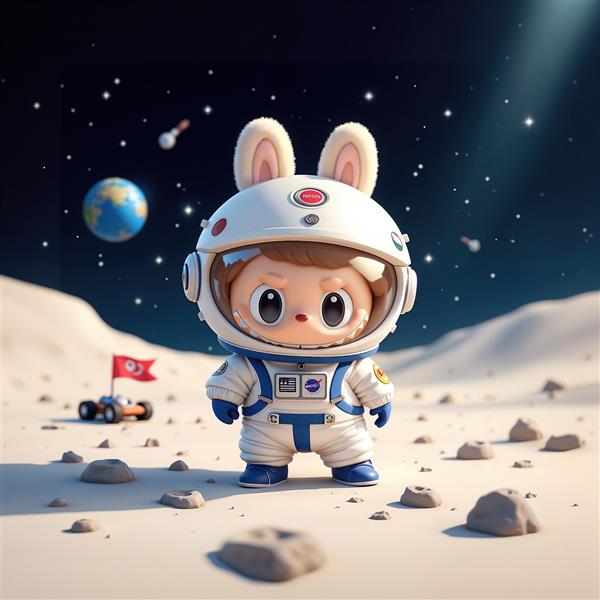 تصویر لبوبو فضانورد کلاهدار روی کره ماه برای پوستر دیواری اتاق نوجوان و تابلو