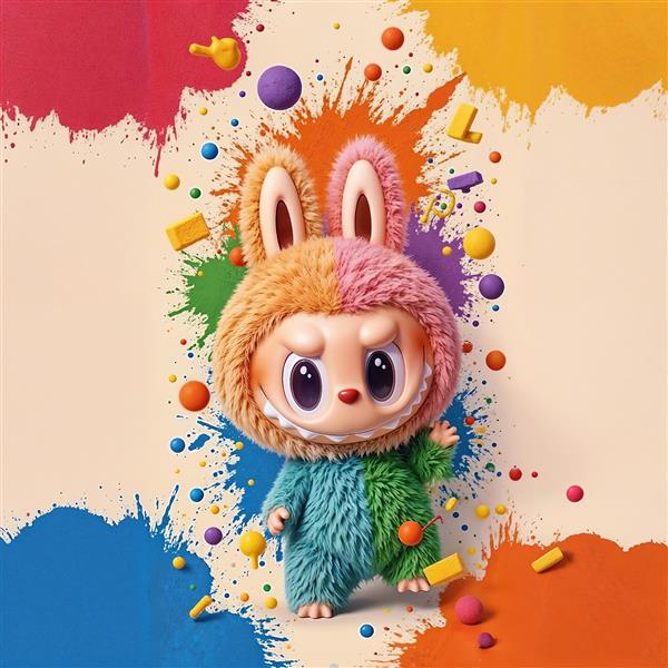 طرح لبوبو رنگی با پاشش رنگ و آبنبات برای پوستر دیواری اتاق کودک و نوجوان