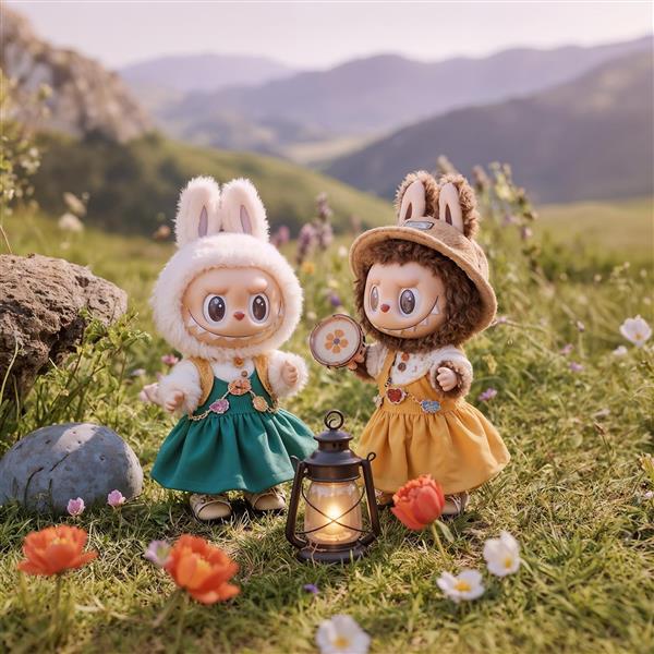 طرح دو لبوبو با فانوس در دشت کوهستانی برای پوستر و تابلو دکوراتیو طبیعت