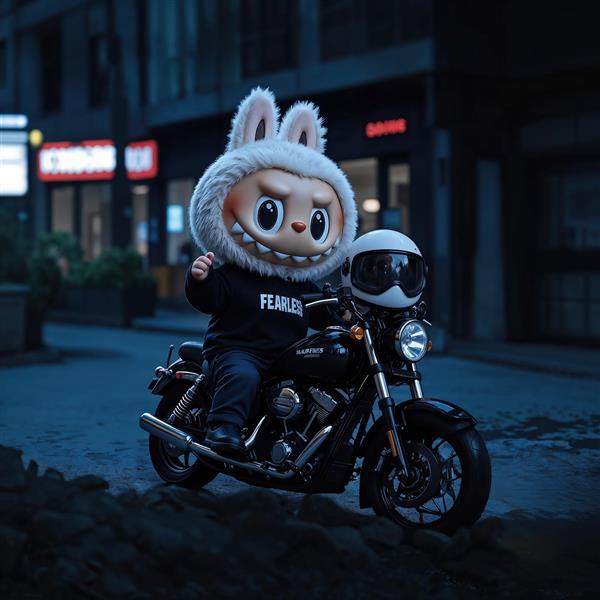 عکس لبوبو موتور سوار شبانه با لباس مشکی برای تابلو دکوراتیو جوانان