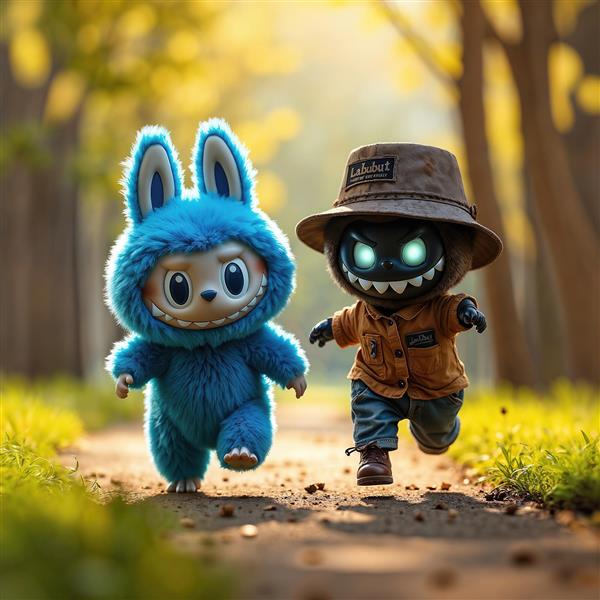 تصویر دو لبوبو (یکی آبی) در حال دویدن در مسیر جنگل برای پوستر دیواری باکیفیت