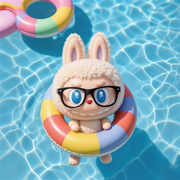 طرح لبوبو با عینک در حال شنا با تیوپ رنگی در استخر برای پوستر تابستان