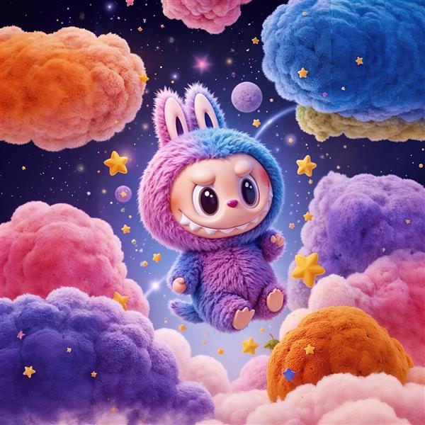 عکس لبوبو صورتی و آبی در آسمان پر از ابرهای رنگی برای پوستر اتاق کودک