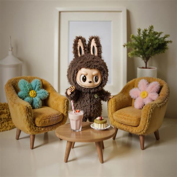 تصویر لبوبو قهوه‌ای با میلک شیک در اتاق نشیمن مدرن برای تابلو دکوراتیو