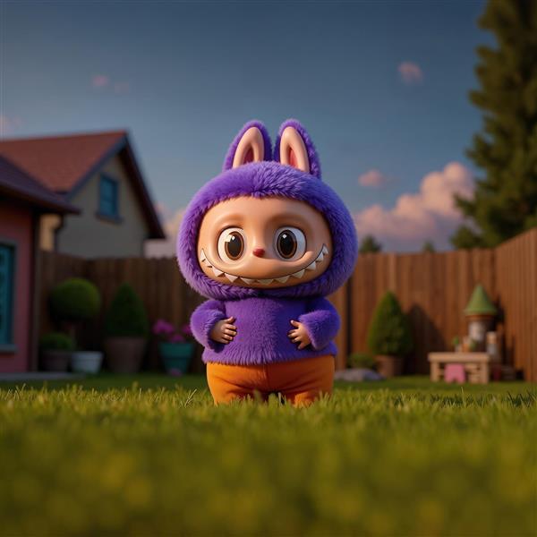 عکس لبوبو بنفش در حیاط چمن برای پوستر دیواری و تابلو اتاق کودک