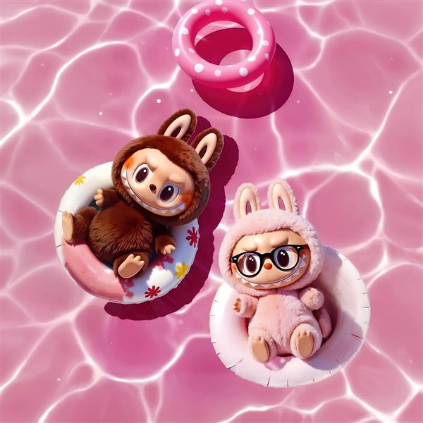 عکس دو لبوبو عینکی و قهوه‌ای در استخر صورتی برای چاپ کوسن و تابلو تابستان