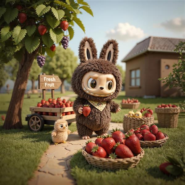تصویر لبوبو فروشنده توت‌فرنگی در مزرعه میوه برای پوستر و پرده آشپزخانه