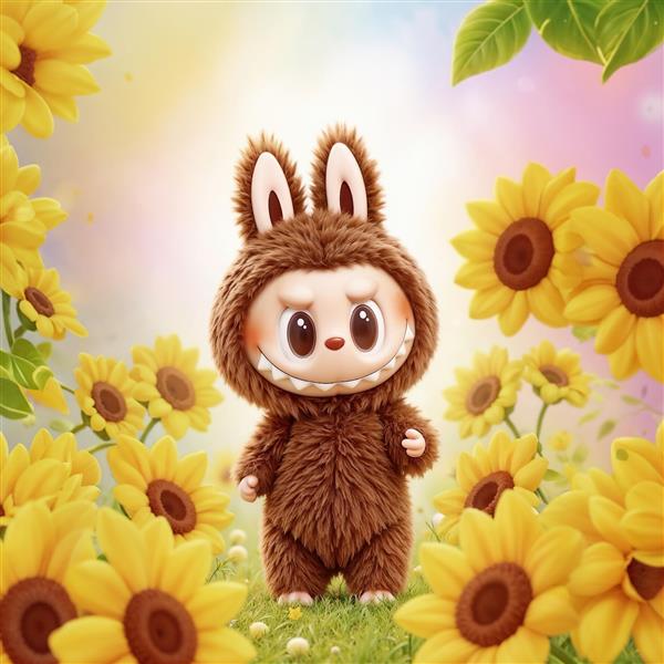 عکس لبوبو در مزرعه آفتابگردان‌های زرد فانتزی برای پوستر دیواری بهار و تابستان