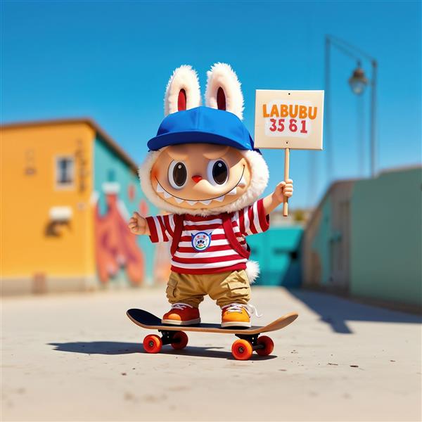 طرح لبوبو اسکیت‌سوار با کلاه ورزشی در خیابان برای پوستر اتاق جوانان