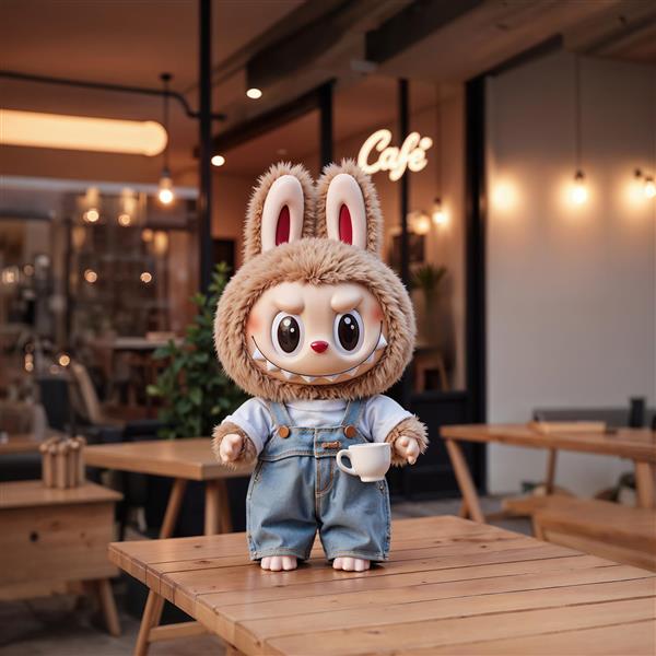 عکس لبوبو با لباس جین و فنجان قهوه در کافه برای پوستر دیواری و تابلو