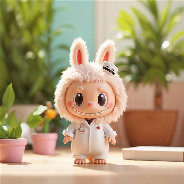 تصویر لبوبو دکتر با روپوش سفید و کیت کمک‌های اولیه برای تابلو دکوراتیو مطب