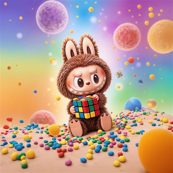 طرح لبوبو با مکعب روبیک در سیاره رنگارنگ فانتزی برای پوستر اتاق نوجوان