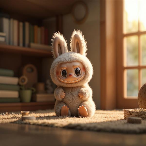 تصویر لبوبو سفید نشسته در خانه کنار پنجره برای پوستر باکیفیت اتاق کودک