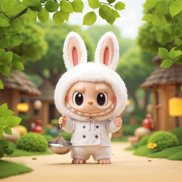 طرح لبوبو آشپز با لباس سفید و همزن در فضای باز برای تابلو دکوراتیو رستوران