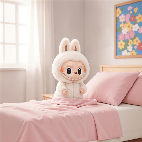 عکس لبوبو لباس سفید نشسته روی تخت صورتی برای چاپ روی روتختی و کوسن