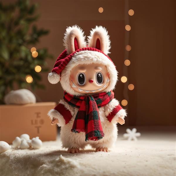تصویر لبوبو کریسمس با شال گردن چهارخانه و کلاه برای پوستر دیواری زمستانی