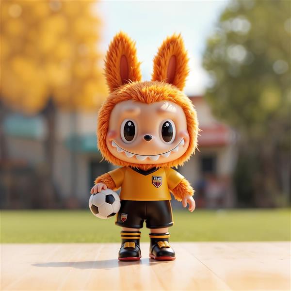 طرح لبوبو فوتبالیست با پیراهن زرد و توپ برای پوستر دیواری اتاق نوجوان و پرده