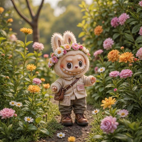 تصویر لبوبو گردشگر با تاج گل در مزرعه پر از گل برای پوستر دیواری باکیفیت