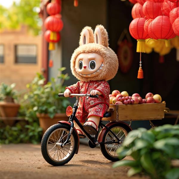 عکس لبوبو قرمز با لباس سنتی چینی روی دوچرخه برای پوستر سال نو و دکور