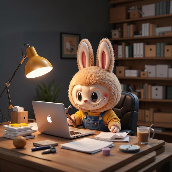 طرح لبوبو پشت میز کار با لپ‌تاپ و چراغ مطالعه برای تابلو دکوراتیو محیط کار