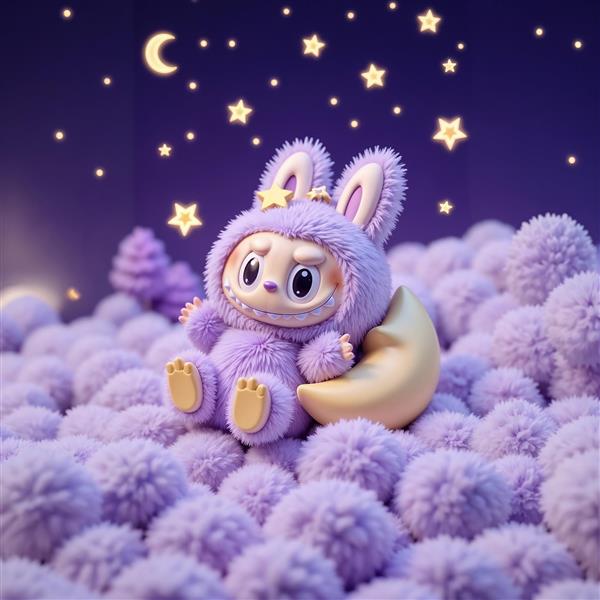 تصویر لبوبو خواب‌آلود بنفش روی ماه و ستاره برای چاپ روتختی و پرده اتاق کودک