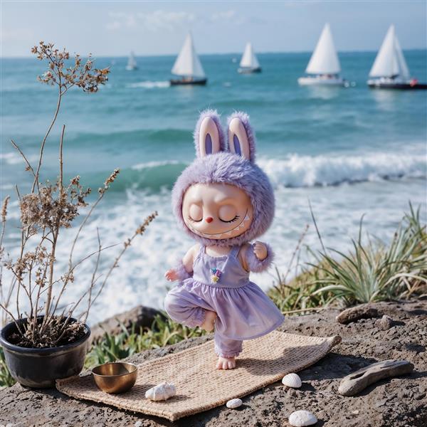 عکس لبوبو بنفش یوگا کار ساحلی فانتزی برای چاپ روی تابلو و کوسن دکوراتیو