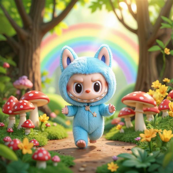 طرح لبوبو آبی کارتونی در جنگل رنگین‌کمانی فانتزی برای پوستر دیواری کودکانه