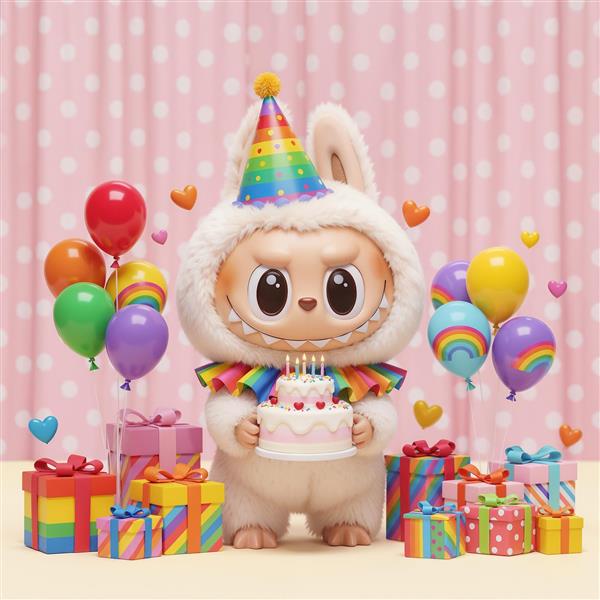 عکس لبوبو جشن تولد شاد با کادو و بادکنک برای استند تولد کودک