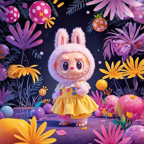 عکس لبوبو پشمالو با لباس زرد در جنگل فانتزی گل و میوه برای روتختی