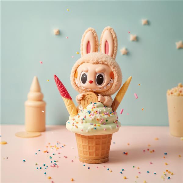 طرح لبوبو با بستنی قیفی بزرگ و رنگی برای چاپ روی ماگ و کوسن کودک