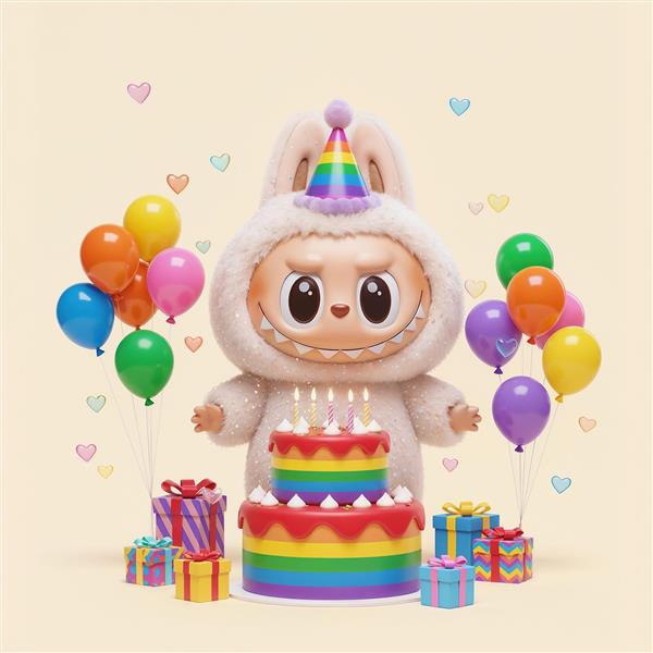 تصویر لبوبو با کلاه تولد و کیک رنگین کمان برای پوستر جشن و شادی