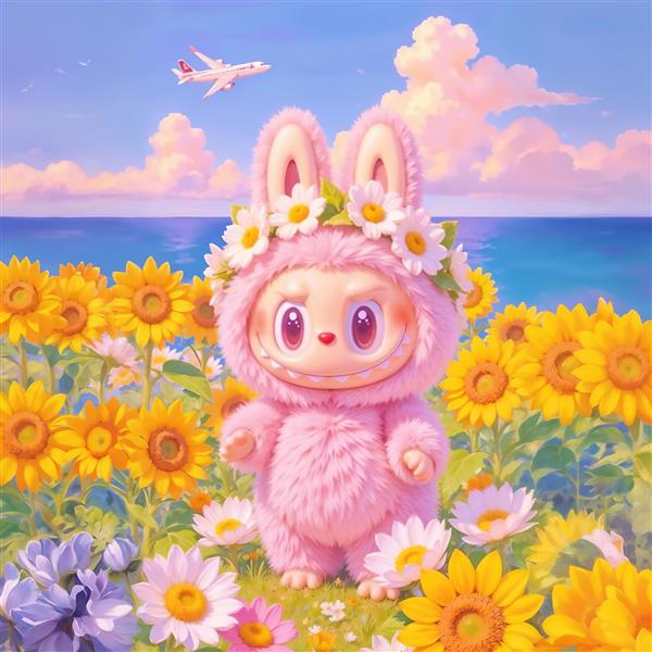 عکس لبوبو صورتی با تاج گل آفتابگردان کنار دریا برای پوستر دکوراتیو