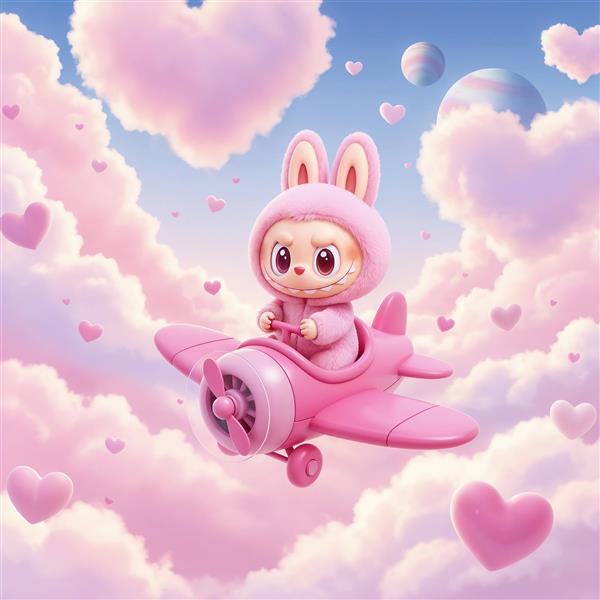 طرح لبوبو در هواپیمای صورتی بین ابرهای قلبی برای پوستر اتاق کودک