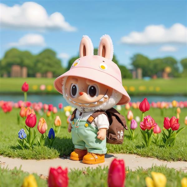 تصویر لبوبو با کلاه صورتی در باغ لاله‌های رنگارنگ برای پوستر بهاری