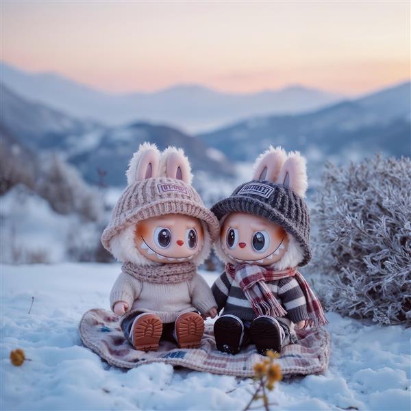 طرح لبوبو و دوستش با کلاه پشمی در برف برای تابلو دکوراتیو زمستانی
