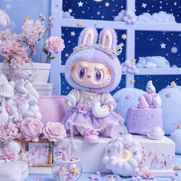 تصویر لبوبو پرنسسی بنفش در اتاق رویایی با ماه و ستاره برای روتختی