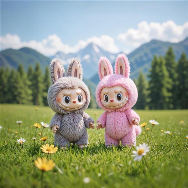 عکس لبوبو و دوست پشمالو در چمنزار پر گل برای پوستر دکوراتیو بهاری