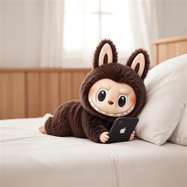 تصویر لبوبو پشمالوی قهوه‌ای در حال استراحت روی تختخواب برای روتختی