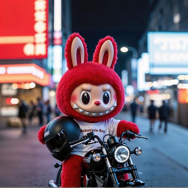 عکس لبوبو پشمالو قرمز سوار موتور سیکلت در شب برای پوستر اسپرت