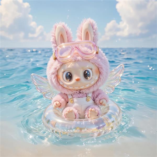 تصویر لبوبو با عینک غواصی در حلقه شنای براق برای پوستر دکوراتیو ساحلی