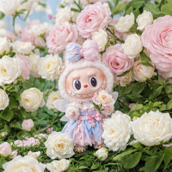 عکس لبوبو پری‌گونه در باغ گل‌های رز صورتی برای پوستر دکوراتیو