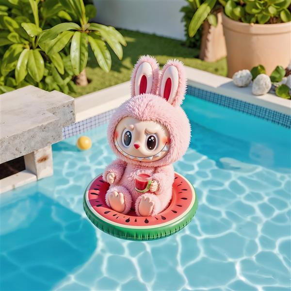 طرح لبوبو با حلقه شنای هندوانه‌ای در استخر برای پوستر تابستانی