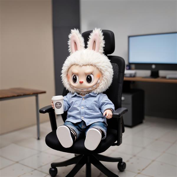 تصویر لبوبو با لباس اداری روی صندلی برای پوستر با تم کار و قهوه