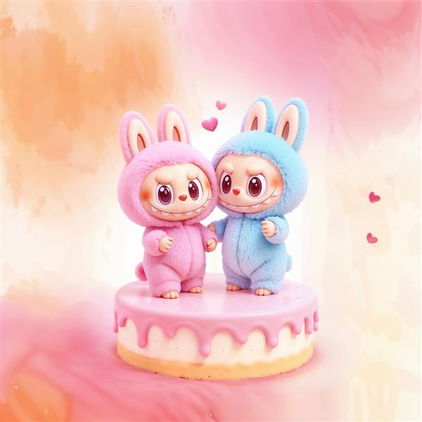 عکس لبوبوهای عاشق روی کیک صورتی و آبی برای پوستر روز ولنتاین