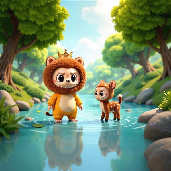 تصویر لبوبو با تاج شیر و بچه گوزن کنار رودخانه برای پوستر اتاق کودک