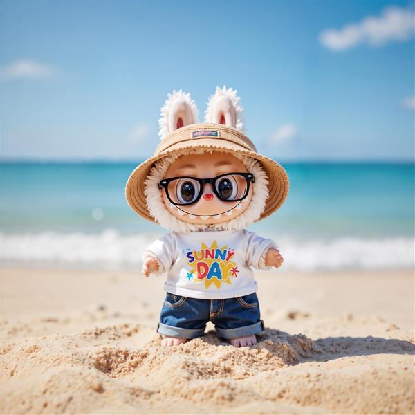 عکس لبوبو با عینک آفتابی کنار دریا و شن برای چاپ روی ماگ و تیشرت تابستانی