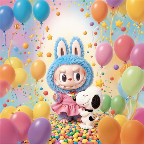 طرح لبوبو و اسنوپی با بادکنک‌های رنگی برای پوستر دکوراتیو تولد و جشن