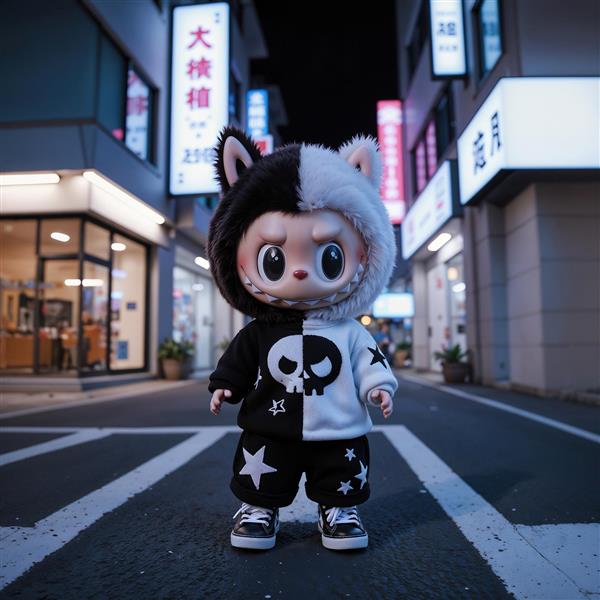 تصویر لبوبو با لباس مشکی و سفید اسکلتی در خیابان شب برای پوستر اسپرت