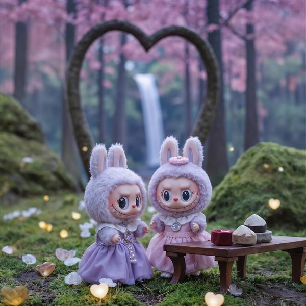 عکس لبوبوهای عاشق در جنگل با آبشار و قلب برای تابلو ولنتاین