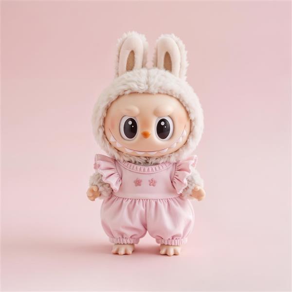 طرح لبوبو با لباس صورتی و گوش پشمی سفید برای پوستر مینیمال دخترانه